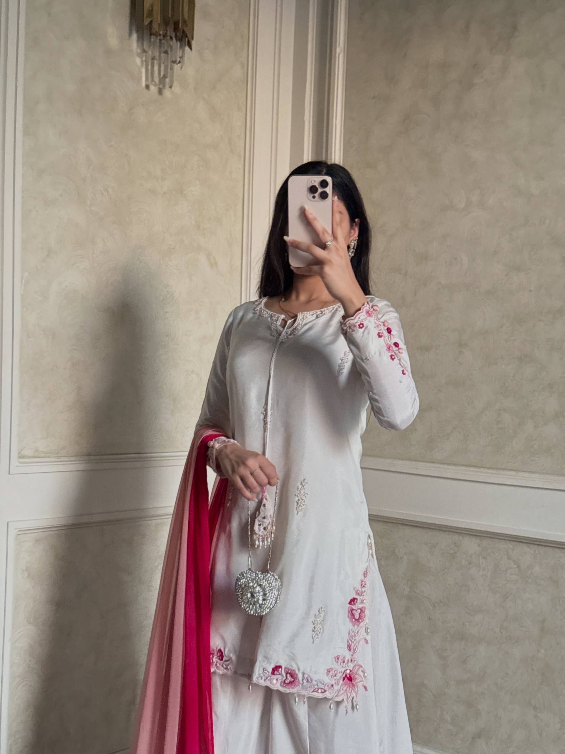 Ivory Crepe Silk Embroidered Sharara Set with Ombre Pink Dupatta