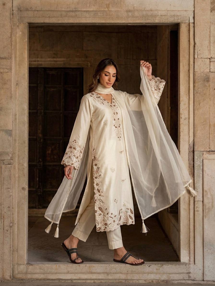Ivory Roman Glass Embroidered Kaftan Salwar Suit Set with Organza Dupatta