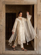 Ivory Roman Glass Embroidered Kaftan Salwar Suit Set with Organza Dupatta