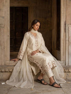 Ivory Roman Glass Embroidered Kaftan Salwar Suit Set with Organza Dupatta