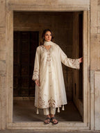 Ivory Roman Glass Embroidered Kaftan Salwar Suit Set with Organza Dupatta