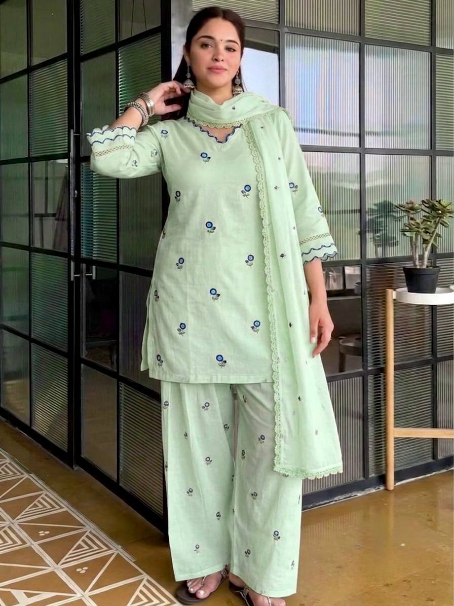 Pastel Green Embroidered Kurta with Farshi Patiala & Dupatta