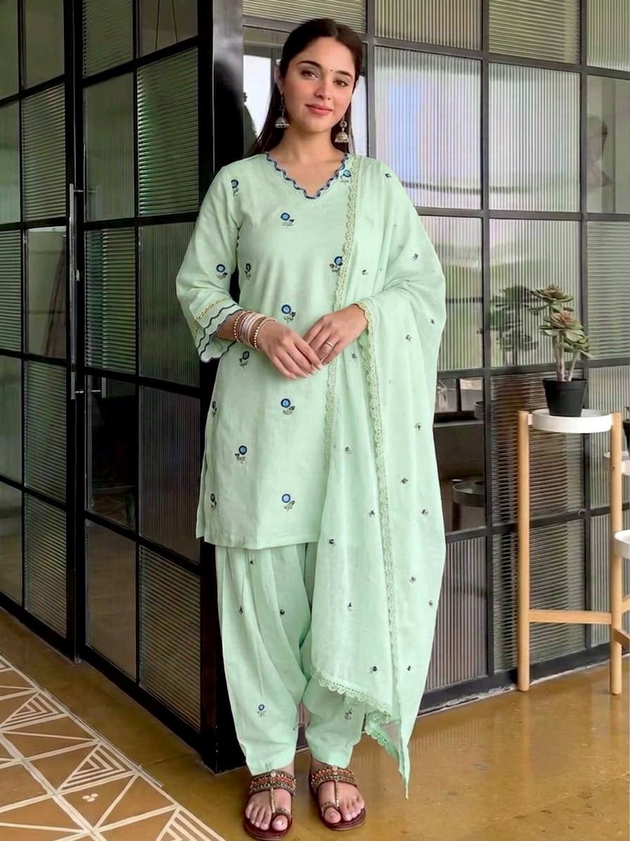 Pastel Green Embroidered Kurta with Farshi Patiala & Dupatta