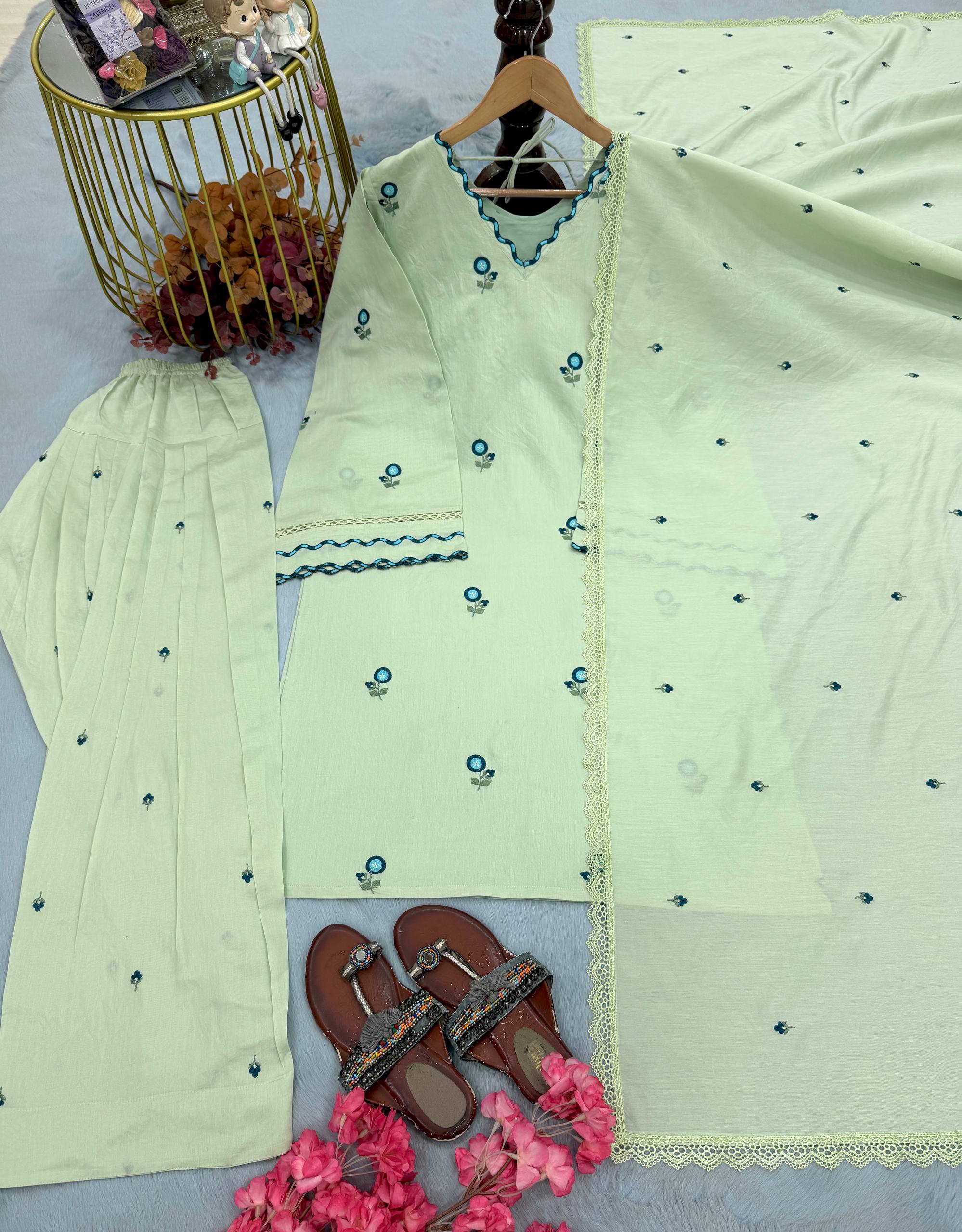 Pastel Green Embroidered Kurta with Farshi Patiala & Dupatta