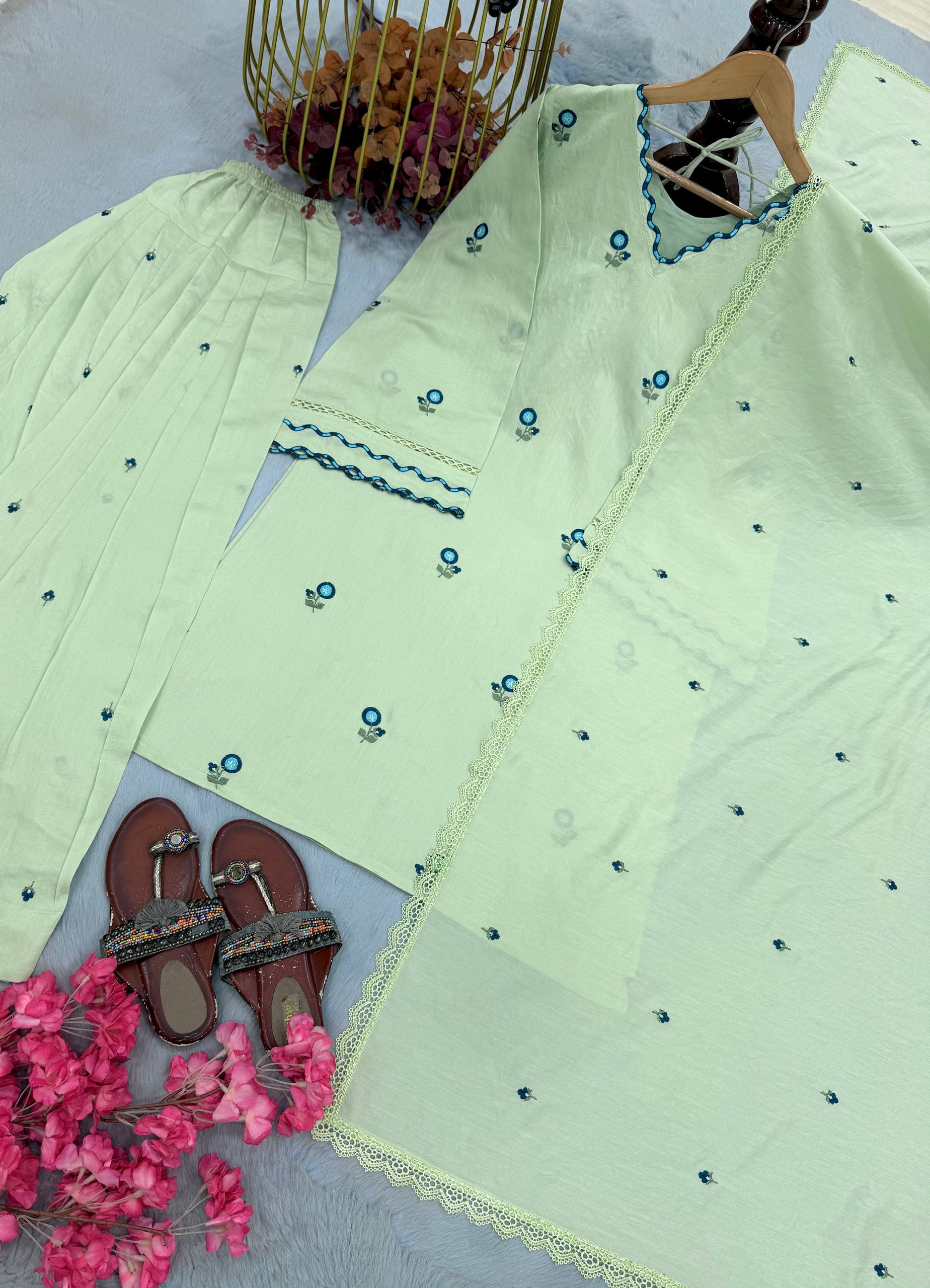 Pastel Green Embroidered Kurta with Farshi Patiala & Dupatta