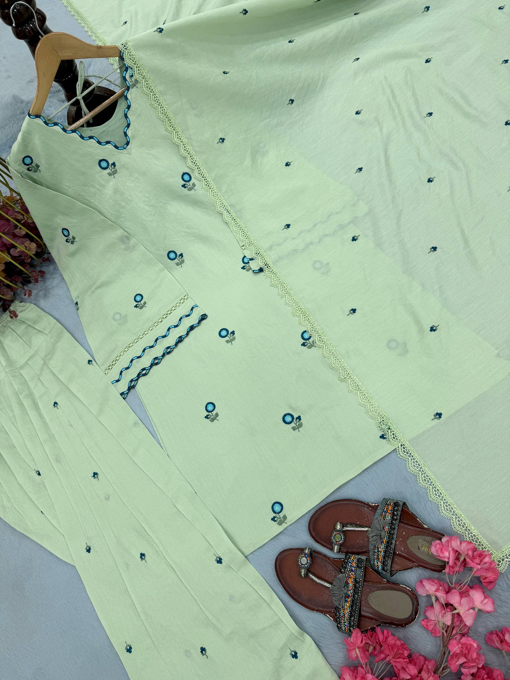 Pastel Green Embroidered Kurta with Farshi Patiala & Dupatta