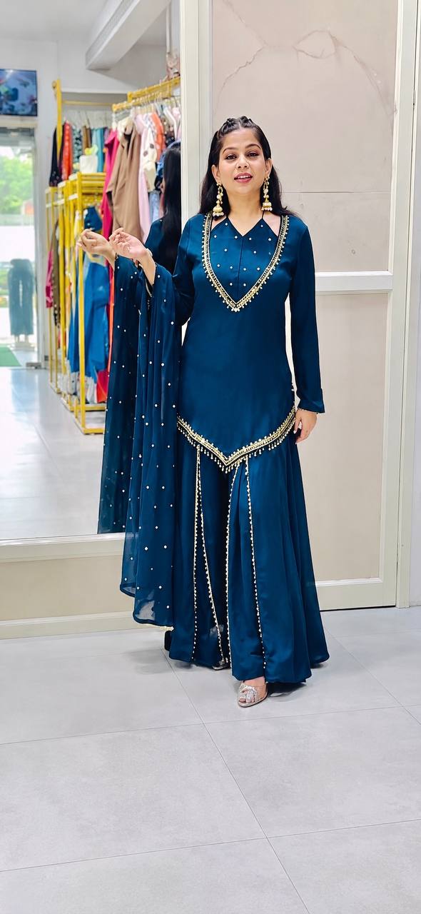 Regal Blue Roman Glass Mirror Work Kurta Palazzo Set