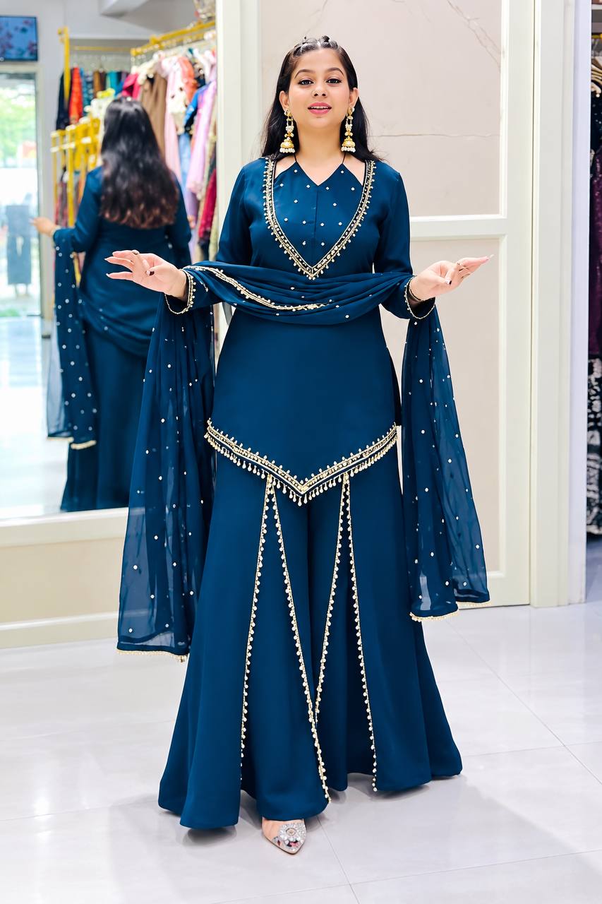 Regal Blue Roman Glass Mirror Work Kurta Palazzo Set