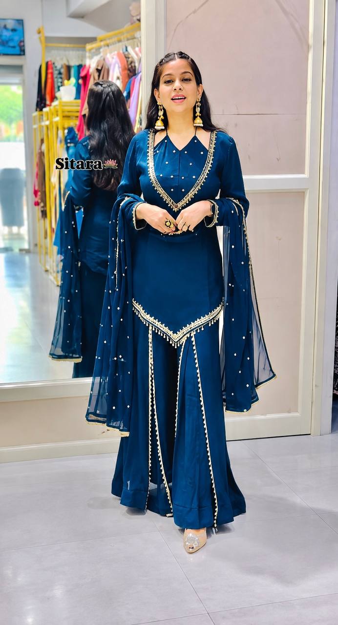 Regal Blue Roman Glass Mirror Work Kurta Palazzo Set