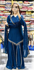 Regal Blue Roman Glass Mirror Work Kurta Palazzo Set