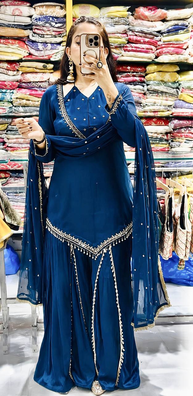 Regal Blue Roman Glass Mirror Work Kurta Palazzo Set