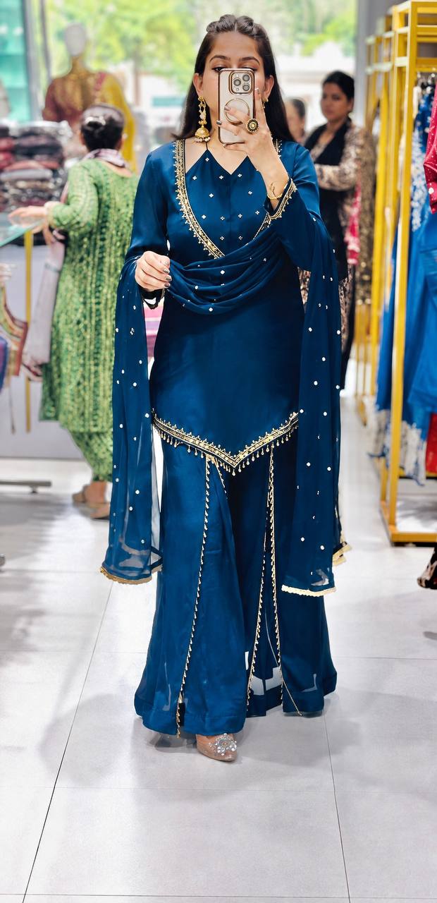 Regal Blue Roman Glass Mirror Work Kurta Palazzo Set
