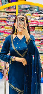 Regal Blue Roman Glass Mirror Work Kurta Palazzo Set