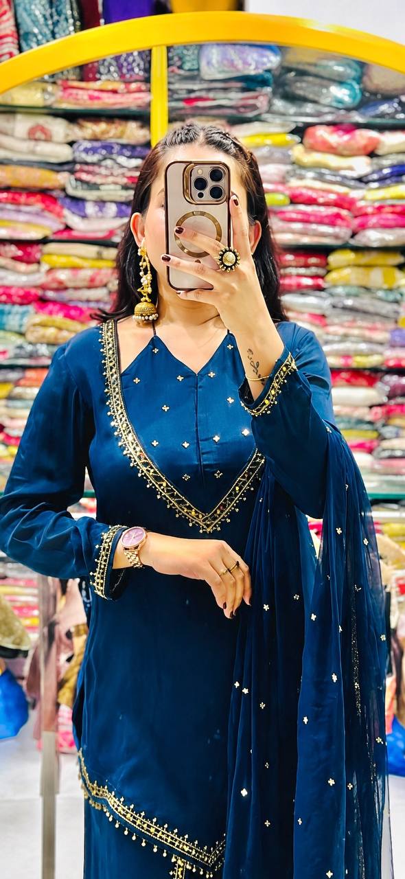 Regal Blue Roman Glass Mirror Work Kurta Palazzo Set