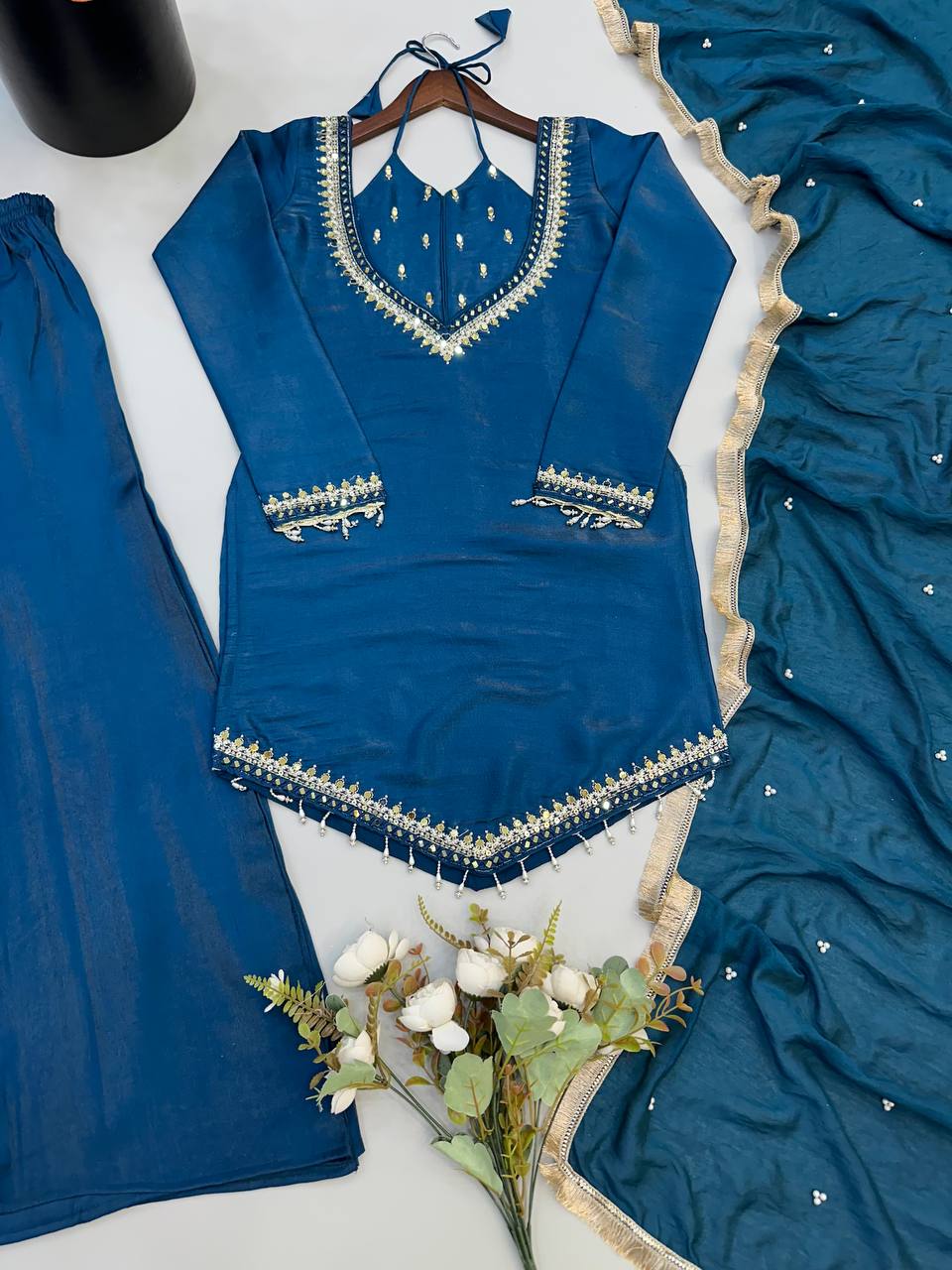 Regal Blue Roman Glass Mirror Work Kurta Palazzo Set