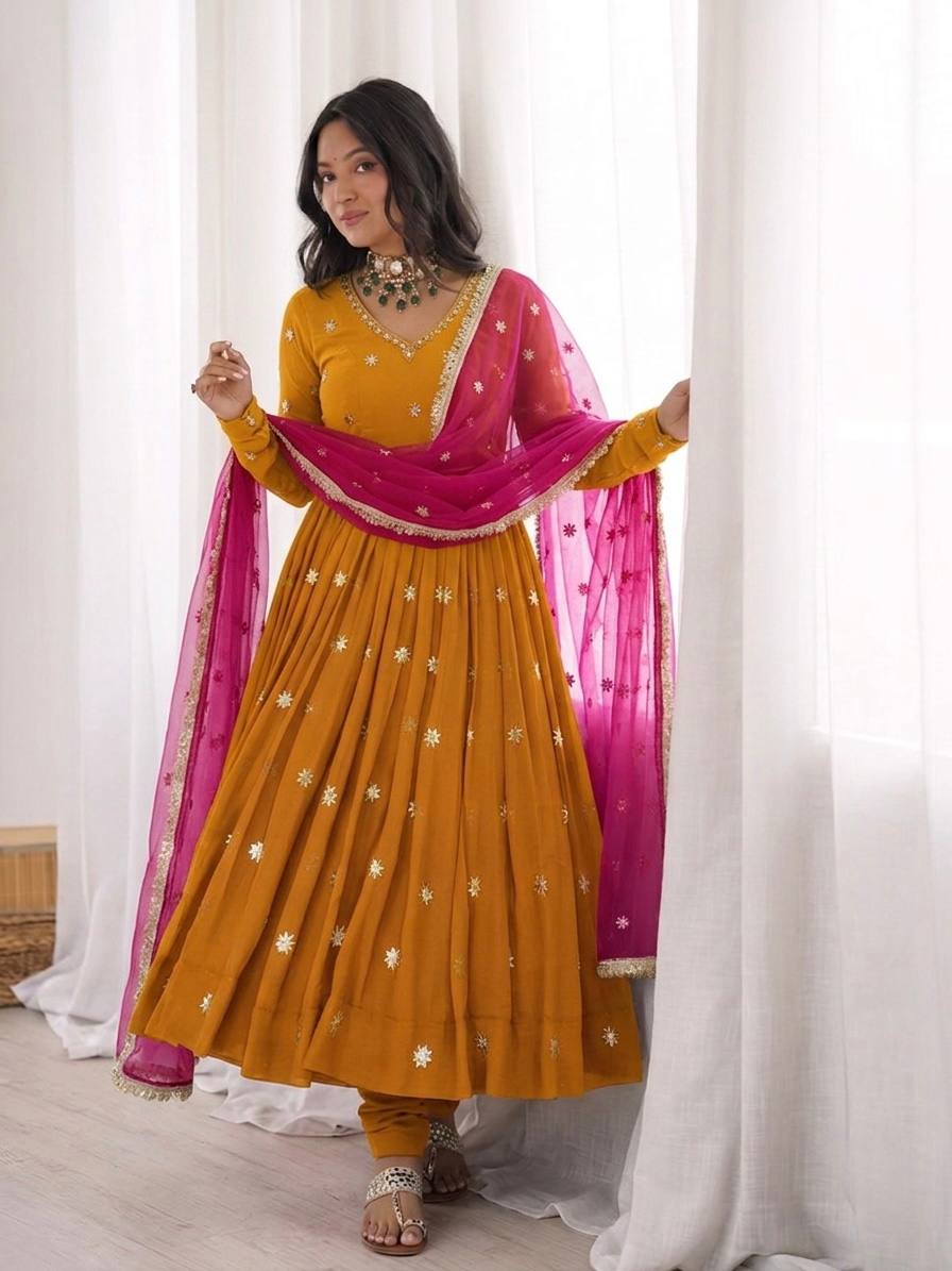 Premium Faux Georgette Embroidered Flared Anarkali Suit Set