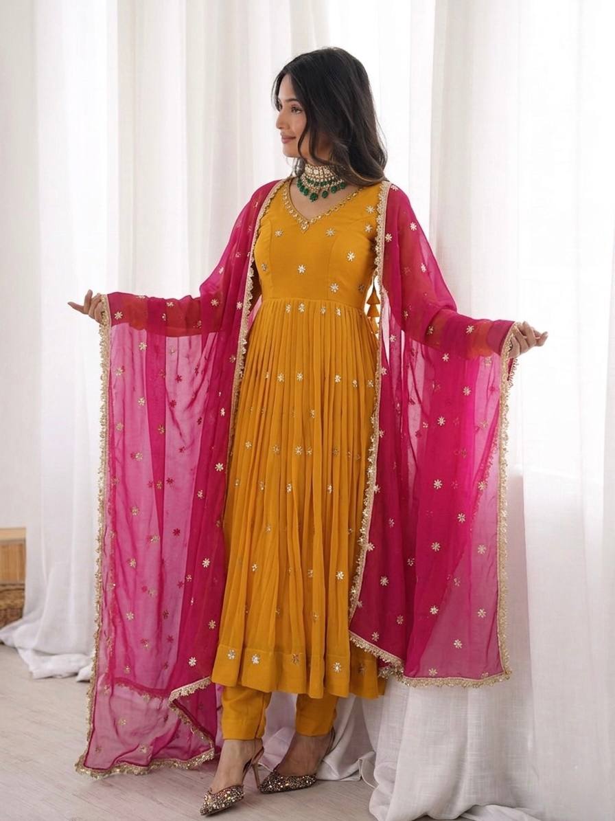 Premium Faux Georgette Embroidered Flared Anarkali Suit Set