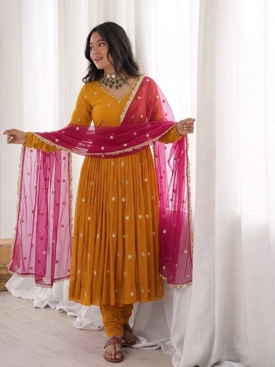 Premium Faux Georgette Embroidered Flared Anarkali Suit Set