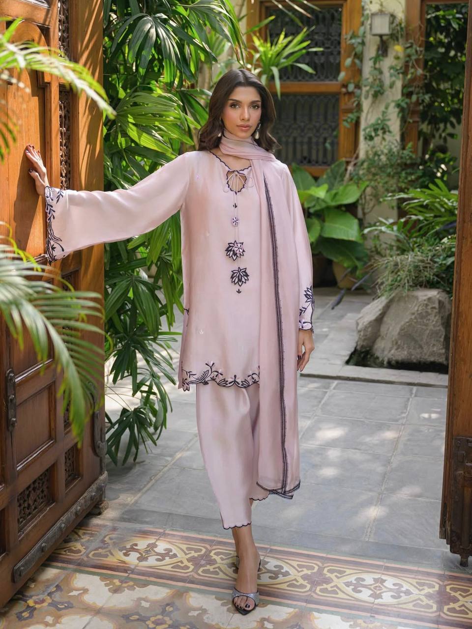 Pastel Pink Embroidered Crepe Farshi Salwar Suit Set