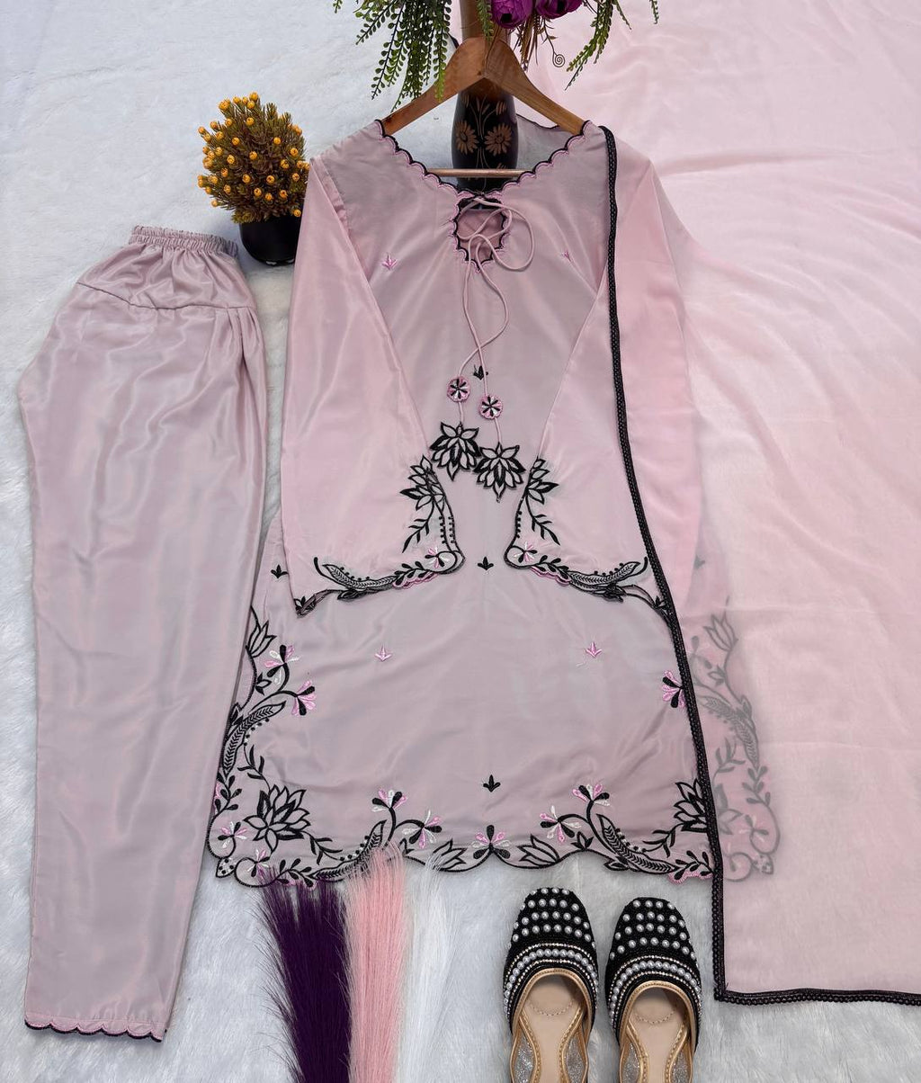 Pastel Pink Embroidered Crepe Farshi Salwar Suit Set