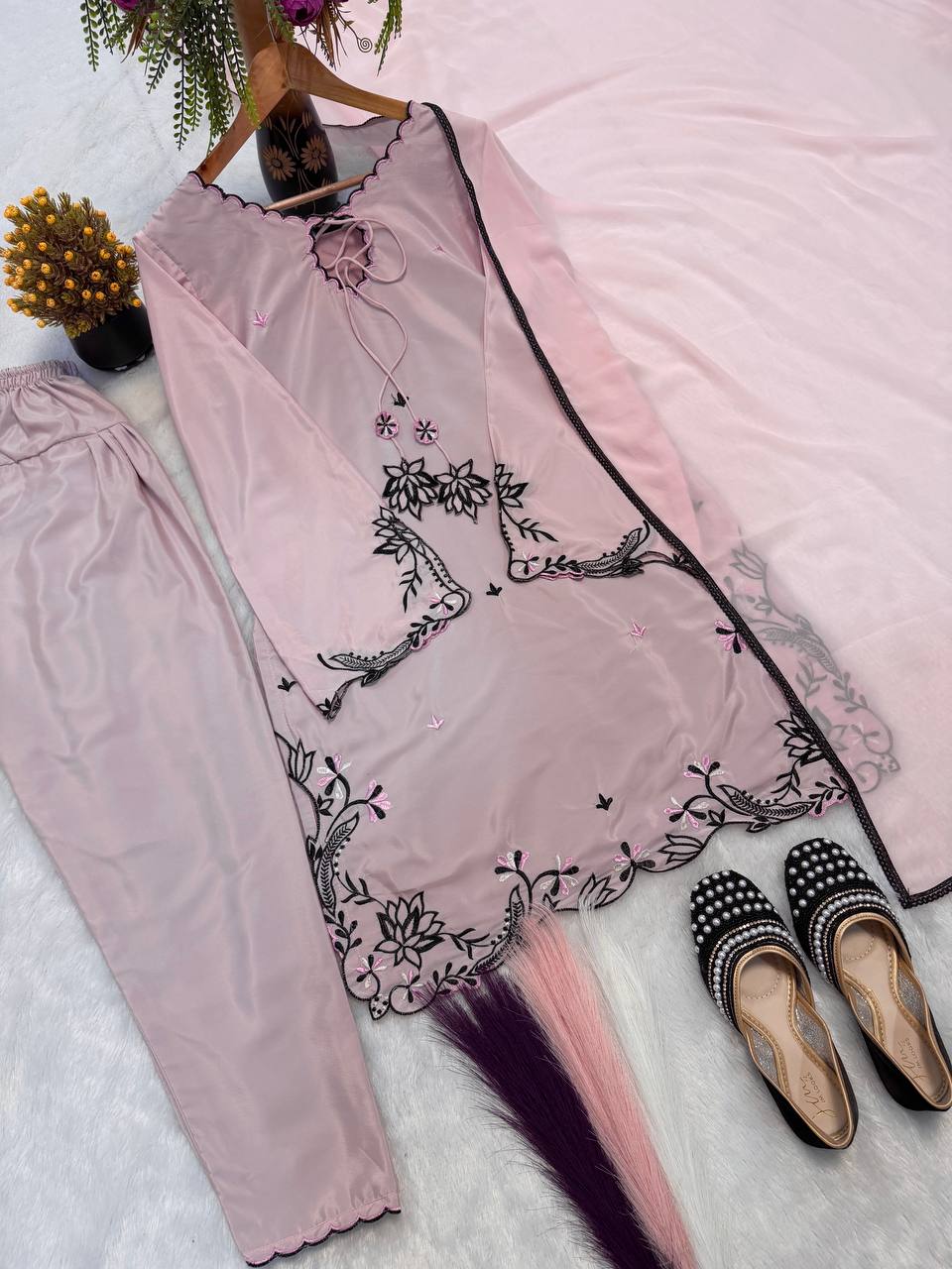 Pastel Pink Embroidered Crepe Farshi Salwar Suit Set