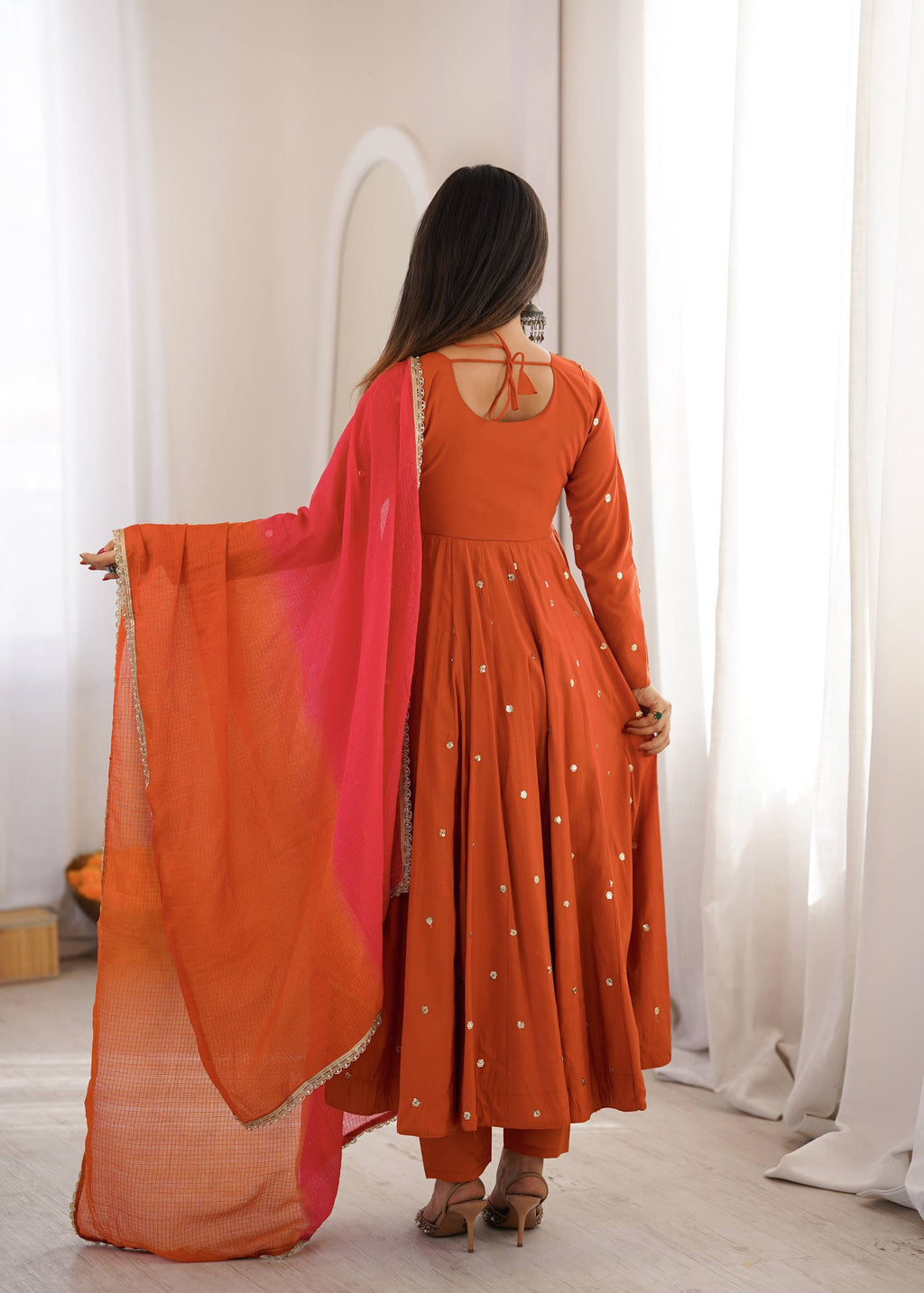 Rust Elegance Mirror-Work Silk Anarkali Suit