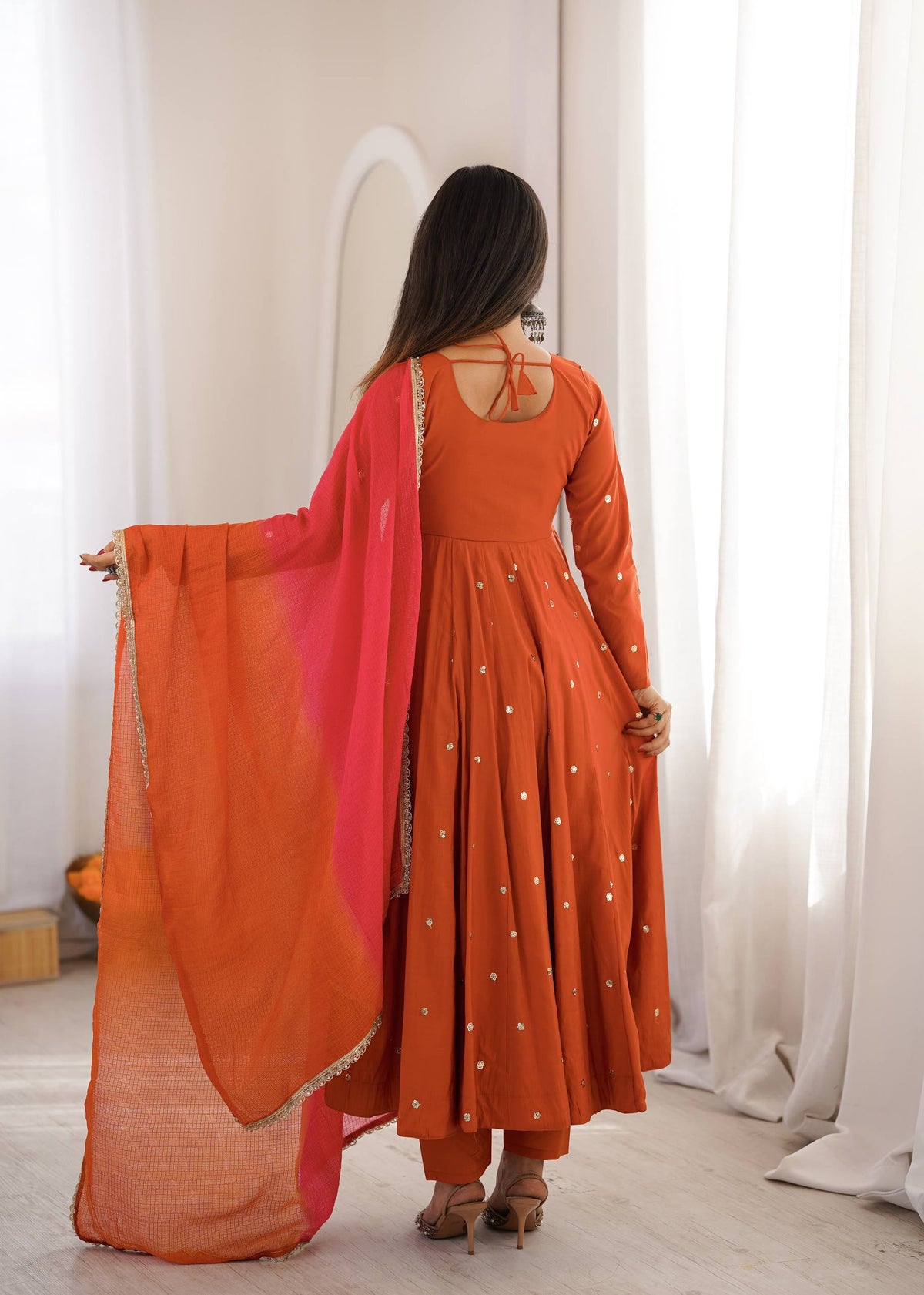 Rust Elegance Mirror-Work Silk Anarkali Suit