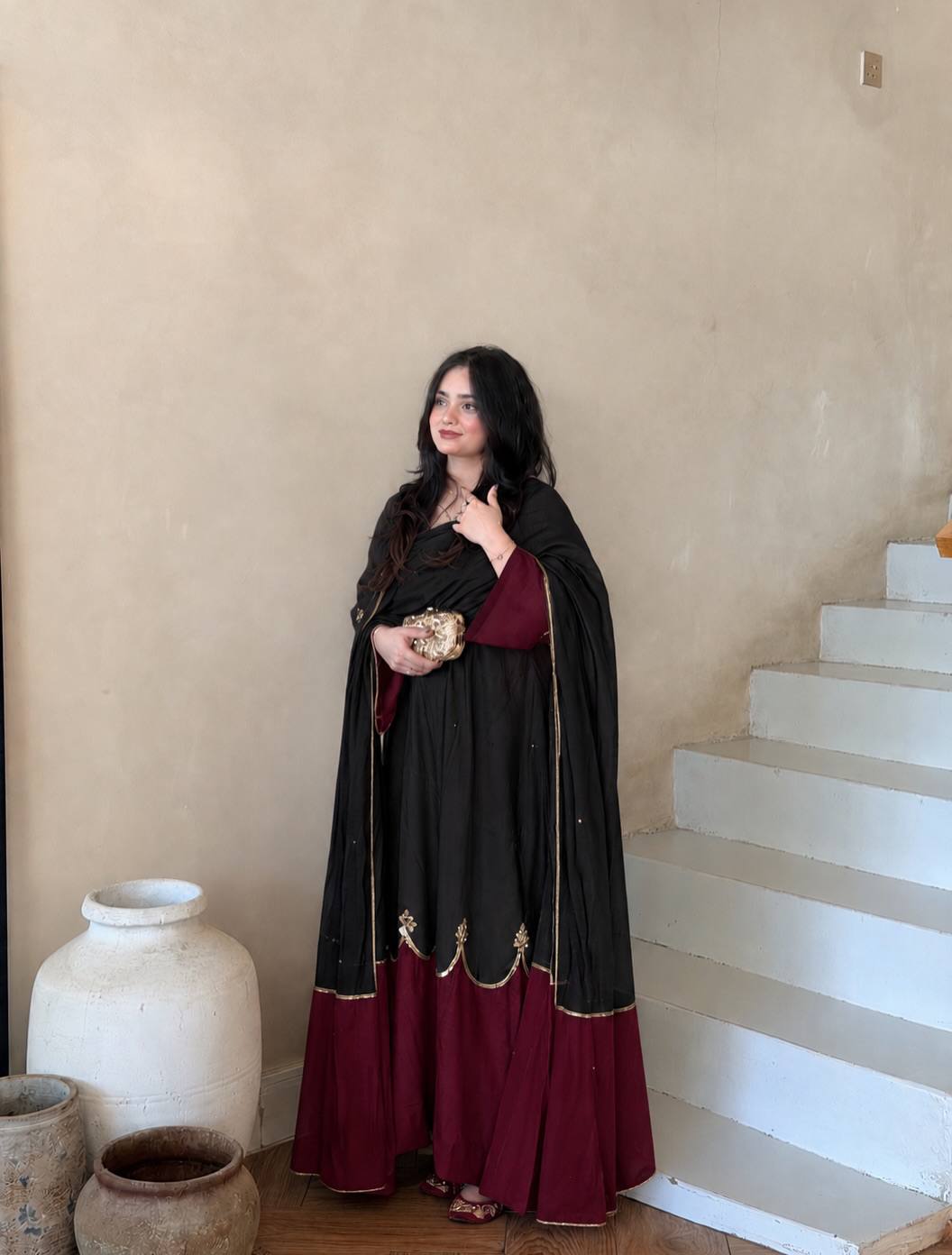 Satin Rayon Embroidered Oversized Long Kaftan Set with Dupatta