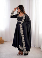 Midnight Black Roman Silk Embroidered Anarkali Suit Set