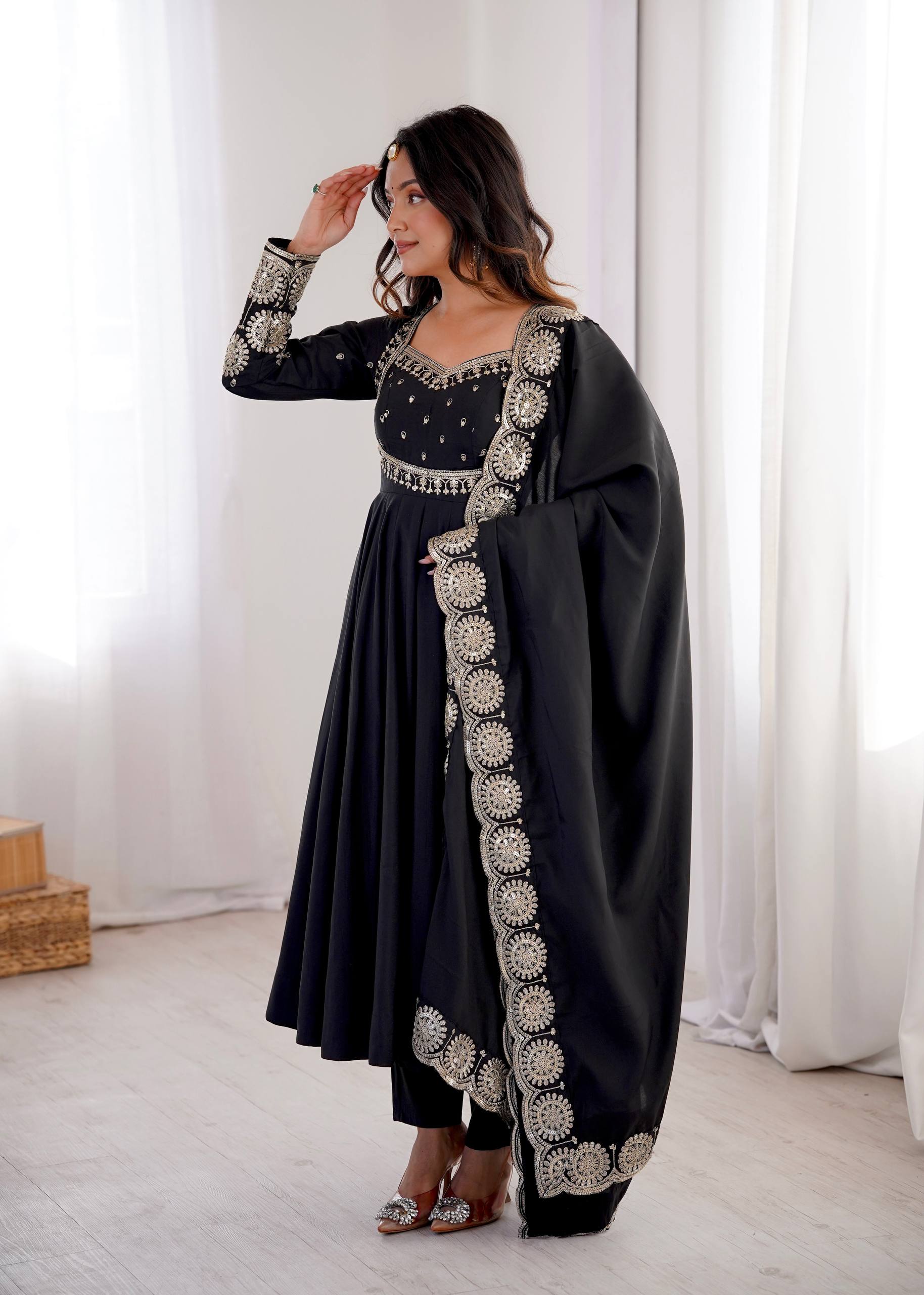 Midnight Black Roman Silk Embroidered Anarkali Suit Set
