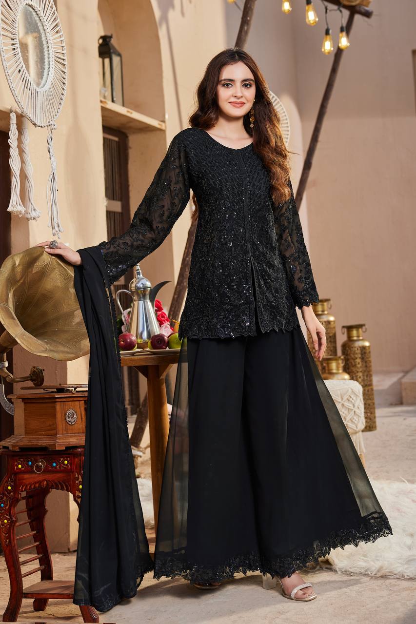Midnight Black Heavy Embroidered Pakistani Palazzo Suit Set with Scallop Lace