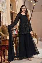 Midnight Black Heavy Embroidered Pakistani Palazzo Suit Set with Scallop Lace