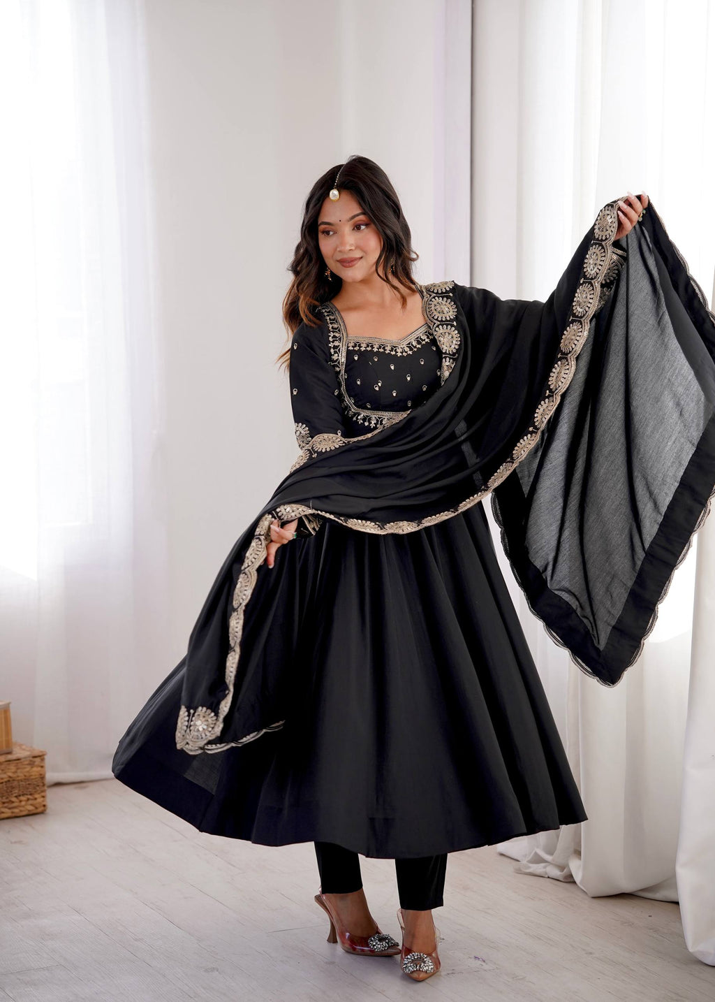 Midnight Black Roman Silk Embroidered Anarkali Suit Set