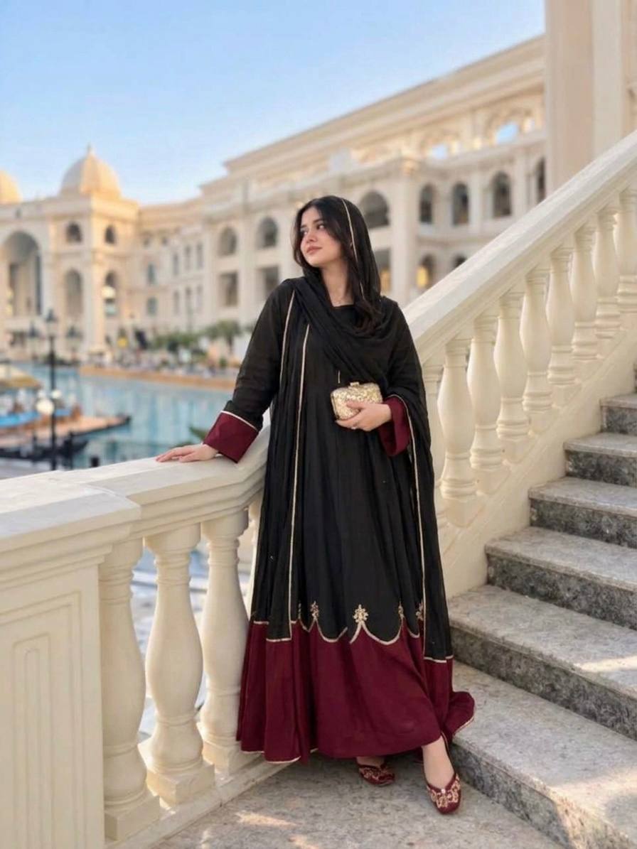 Satin Rayon Embroidered Oversized Long Kaftan Set with Dupatta