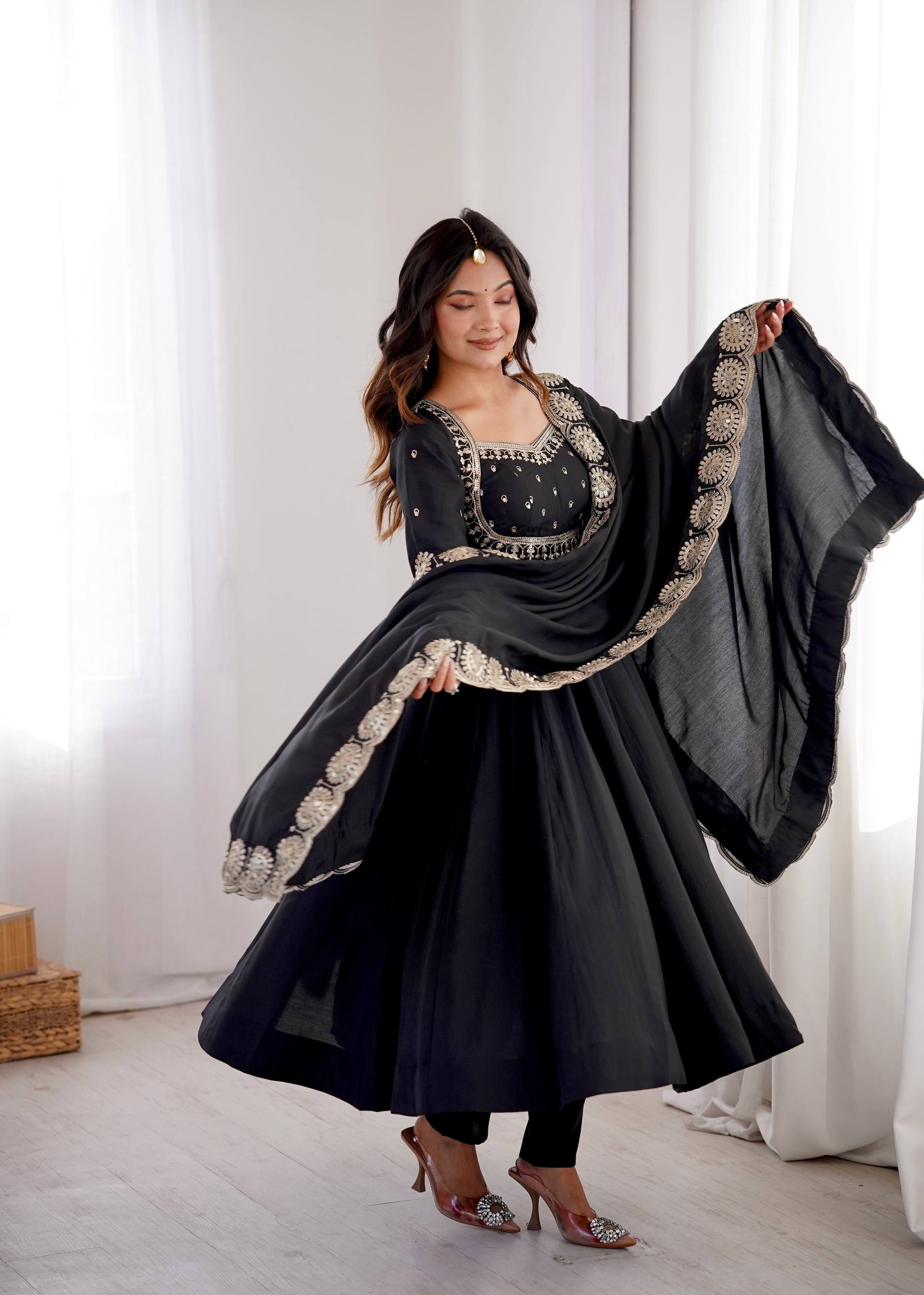 Midnight Black Roman Silk Embroidered Anarkali Suit Set