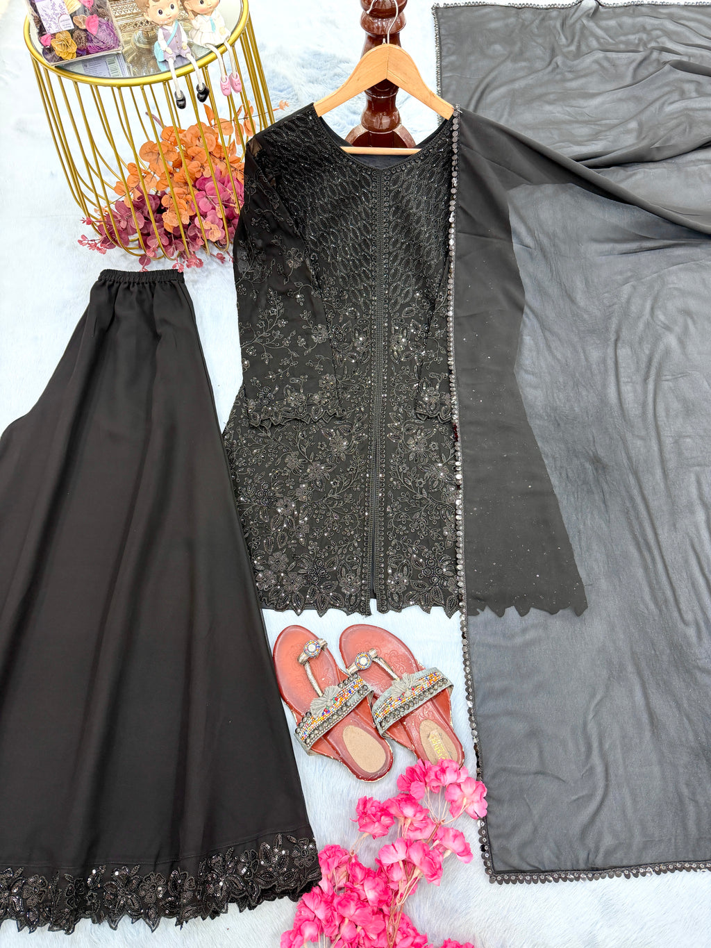 Midnight Black Heavy Embroidered Pakistani Palazzo Suit Set with Scallop Lace