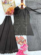 Midnight Black Heavy Embroidered Pakistani Palazzo Suit Set with Scallop Lace