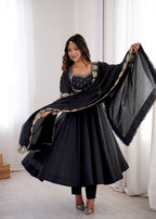 Midnight Black Roman Silk Embroidered Anarkali Suit Set
