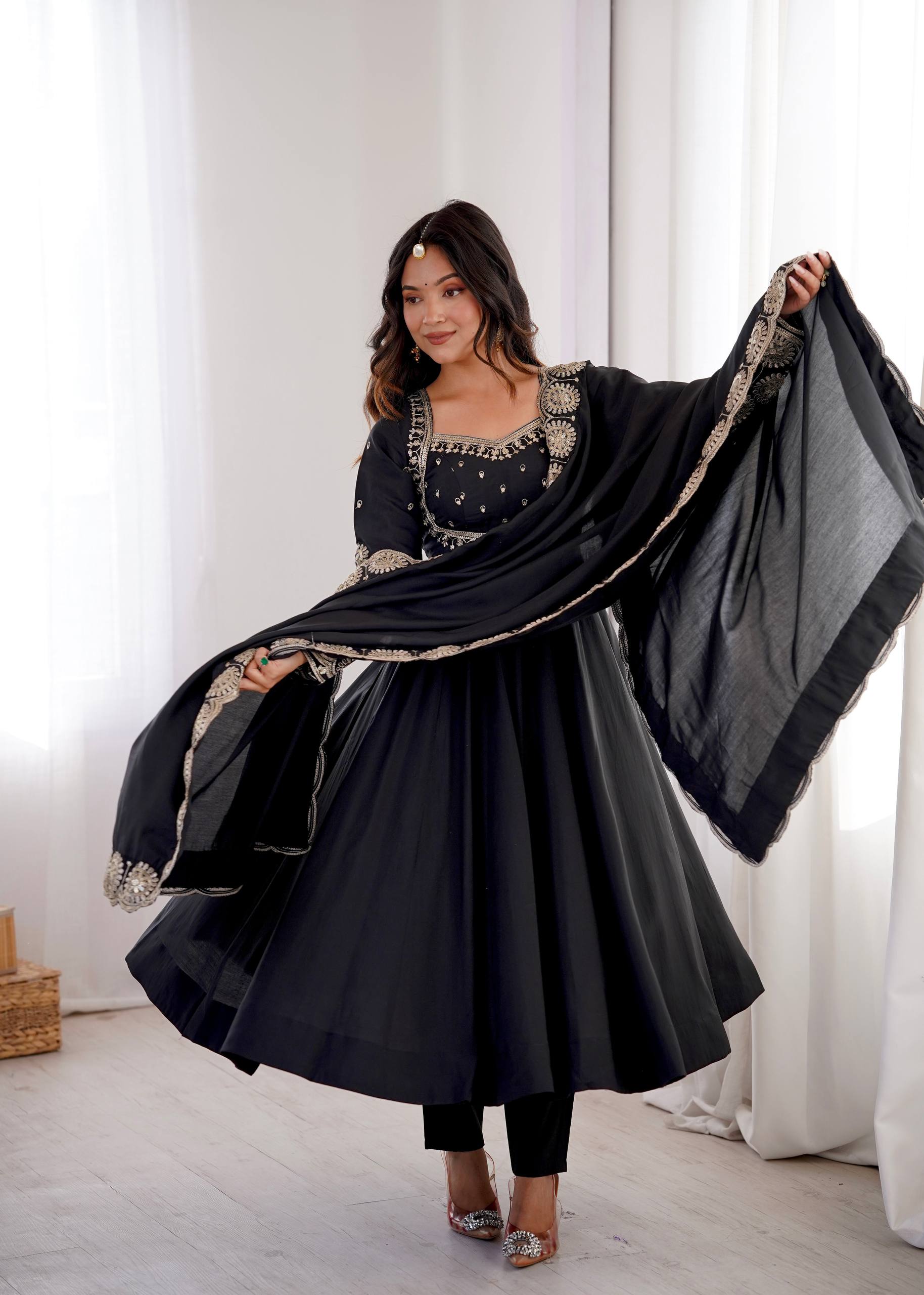 Midnight Black Roman Silk Embroidered Anarkali Suit Set
