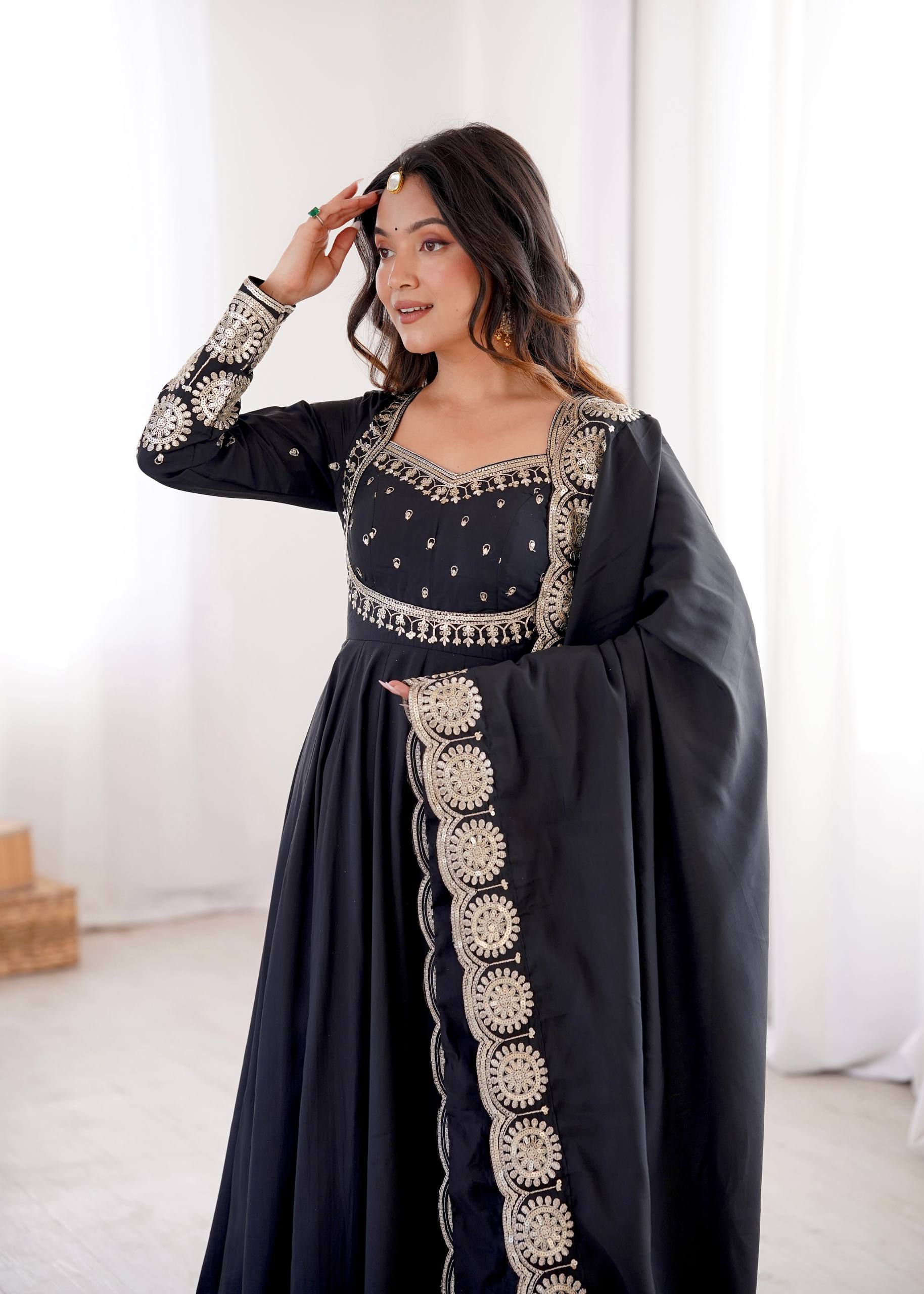 Midnight Black Roman Silk Embroidered Anarkali Suit Set