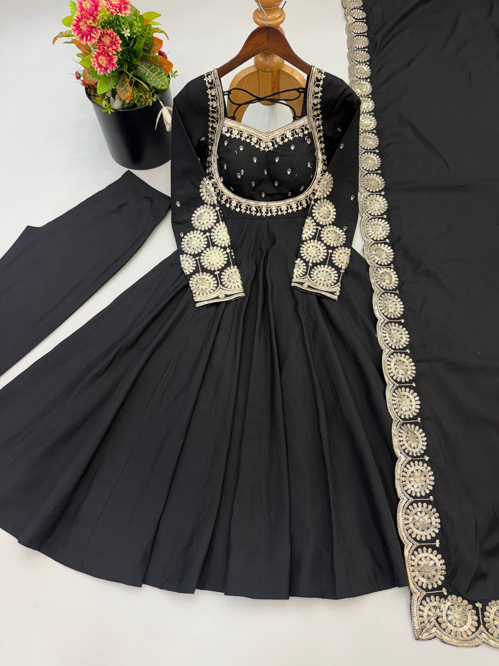 Midnight Black Roman Silk Embroidered Anarkali Suit Set