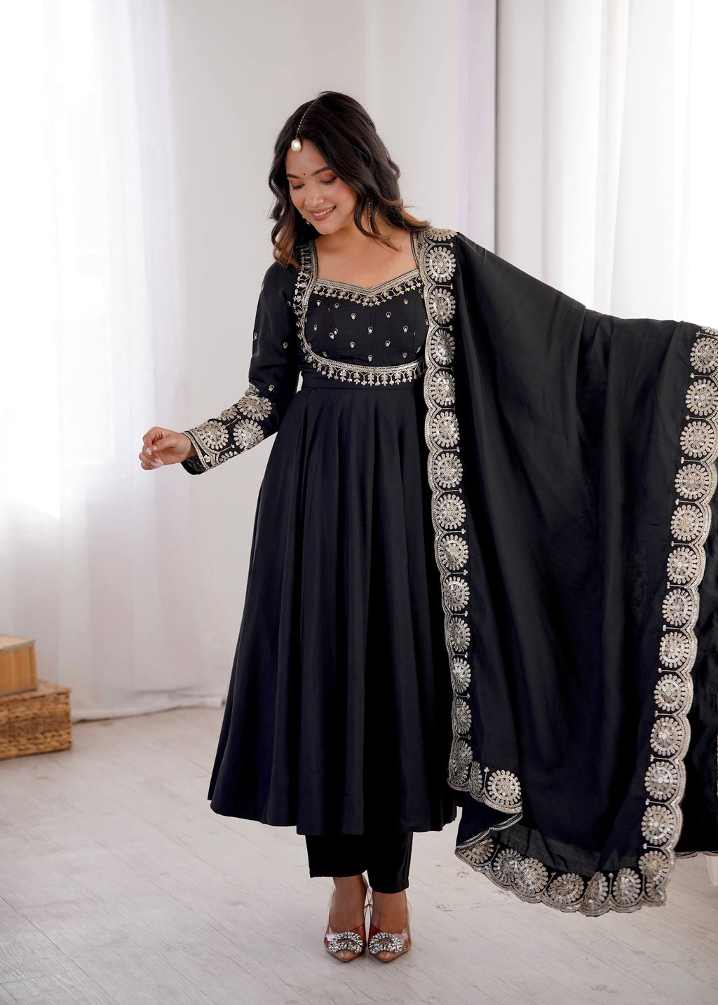 Midnight Black Roman Silk Embroidered Anarkali Suit Set