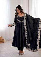 Midnight Black Roman Silk Embroidered Anarkali Suit Set