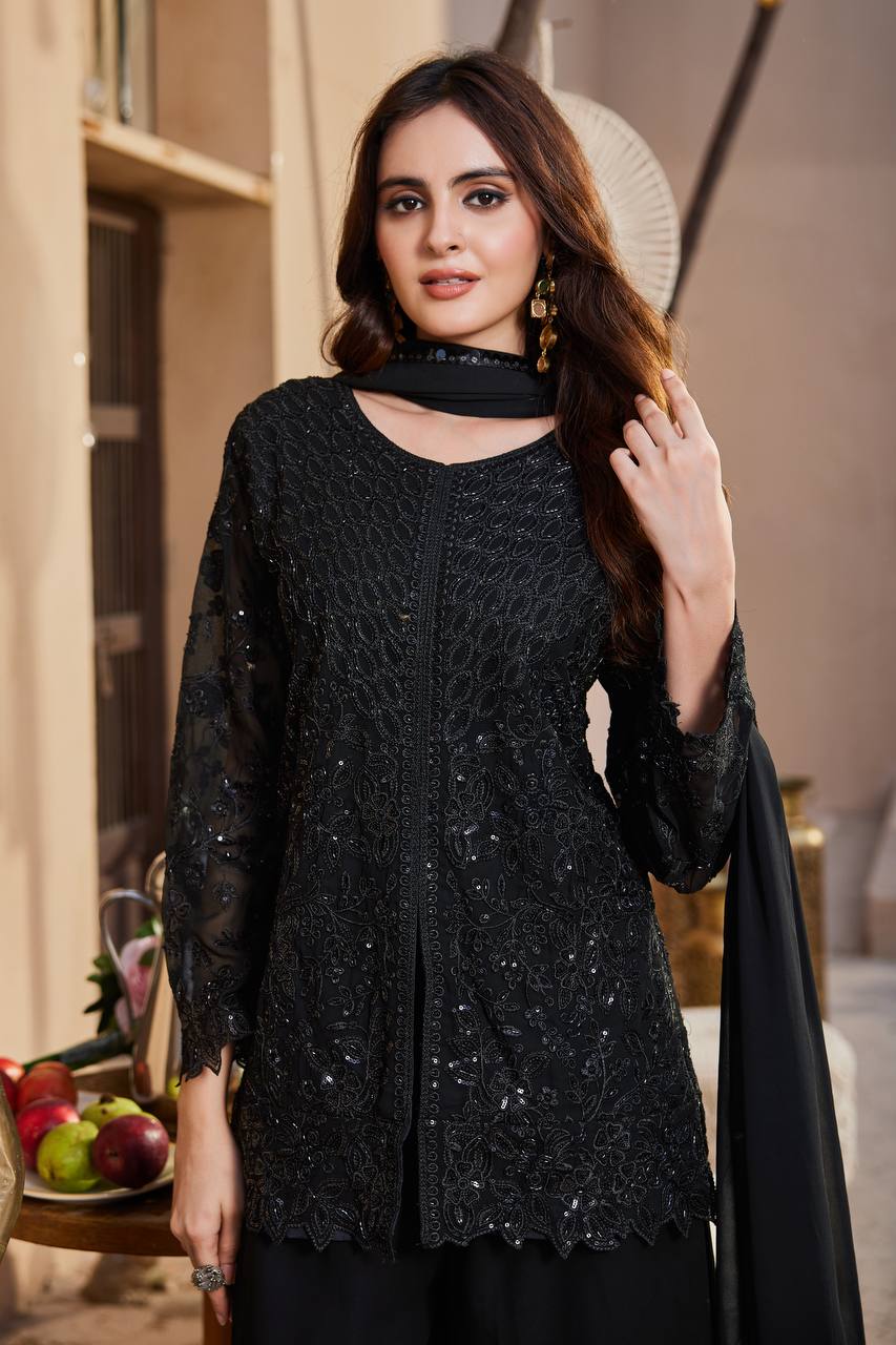 Midnight Black Heavy Embroidered Pakistani Palazzo Suit Set with Scallop Lace