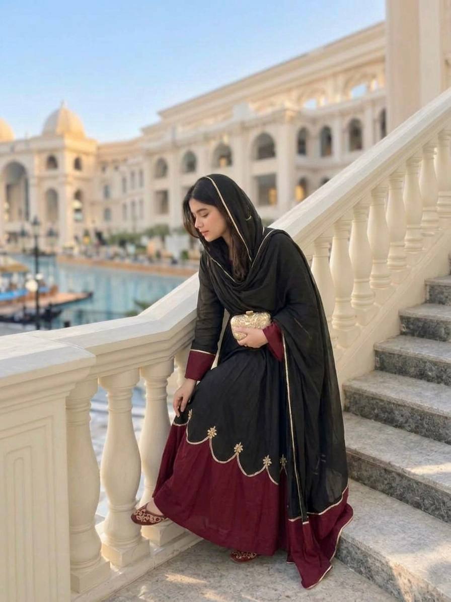 Satin Rayon Embroidered Oversized Long Kaftan Set with Dupatta