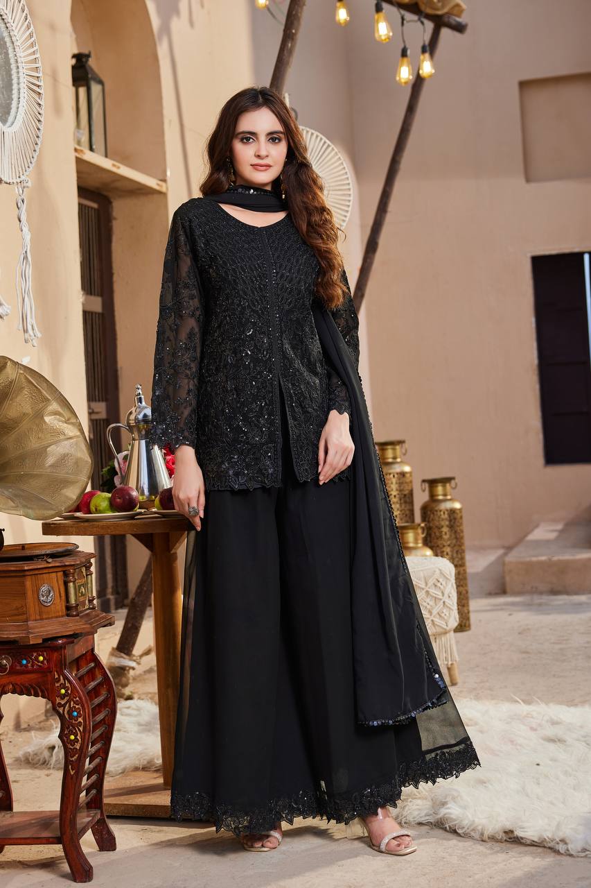 Midnight Black Heavy Embroidered Pakistani Palazzo Suit Set with Scallop Lace