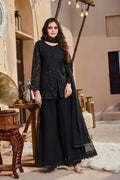 Midnight Black Heavy Embroidered Pakistani Palazzo Suit Set with Scallop Lace