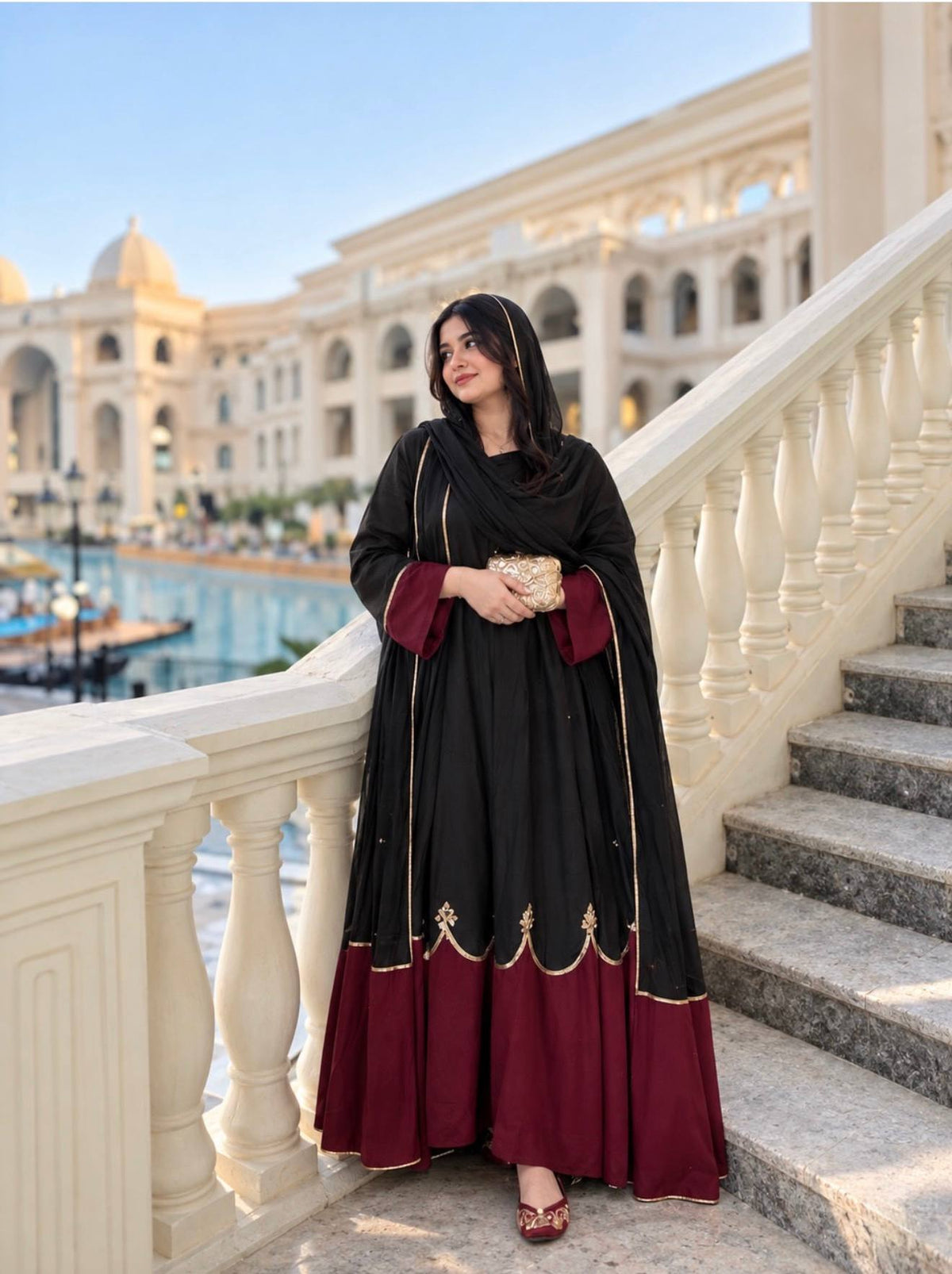Satin Rayon Embroidered Oversized Long Kaftan Set with Dupatta