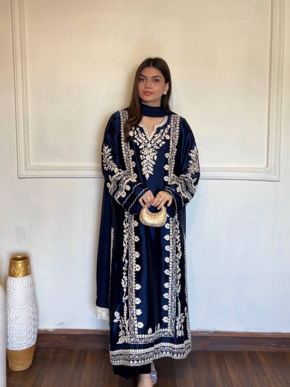 Navy Blue Satin Rayon Embroidered Oversized Long Kaftan Set