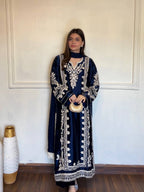 Navy Blue Satin Rayon Embroidered Oversized Long Kaftan Set